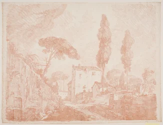 Paisaje fantástico italiano con árboles y casas