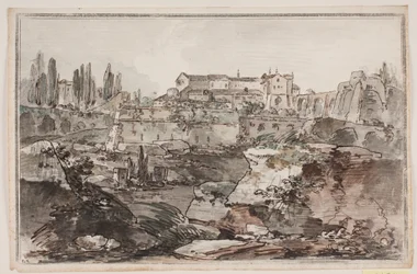Vista con fortaleza (?), ruinas, rocas y agua