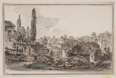 Perspectiva con árboles altos, edificios y ruinas
