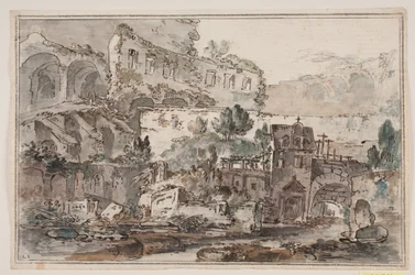 Perspectiva con ruinas y casas junto al arroyo