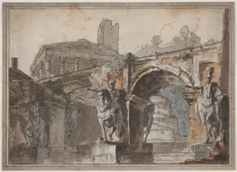 Vista "romana" con puente, ruina de templo y estatua ecuestre