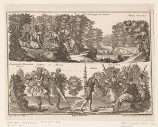 Dos escenas de teatro con figuras en un paisaje boscoso Les Princesses et Moron (título sobre objeto)