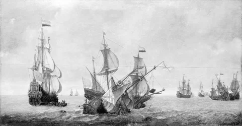 El barco "Eendracht", en primer plano a la izquierda, enarbolando la bandera holandesa. Óleo sobre lienzo, mediados del siglo XVII, de Jeronimus van Diest (hacia 1631-después de 1675).
