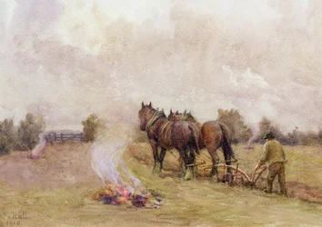 Escena de Arado con Fuegos en un Campo