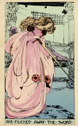 El hada Morgane roba la Excalibur para que su amante la utilice contra el Rey Arturo. Ilustración de Jessie Marion King (1875-1949) para el libro "" La alta historia del Santo Grial de Perceval el Galés, caballero de la mesa redonda" de Sebastian Evans (18