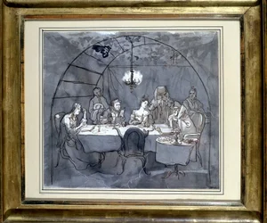 Fiesta de las Cabañas en el restaurante Kasher por la familia de Moisés Ulmann. Dibujo sobre papel, lavado de tinta en 1831 35.5 x 31.3 cm. (JM 189) Museo Judío de Basilea, Suiza.