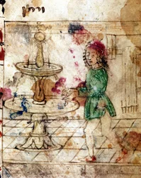 Judaísmo: ablución ritual. Miniatura tomada de una página de un Majzor en hebreo. Siglo XV. Biblioteca Palatina, Parma.