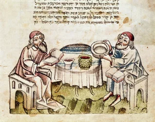 Judaísmo: "dos rabinos celebran la Pascua con la ceremonia del Seder" Miniatura de un Majzor (libro de oraciones en hebreo) siglo XV