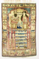 El rey Salomón y la reina de Saba, alfombra judía persa de Kashan, c.1850 (seda)