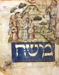 Moisés recibe las tablas de la Ley (y Moisés escribe en hebreo). Miniaturas de una Biblia hebrea del siglo XIV. Museo Hebreo