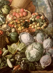 Detalle de bodegón con frutas, verduras y una mujer del mercado, 1564