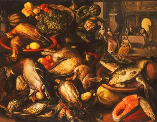 Caza, pescado, frutas y verduras en cestas y cuencos en una despensa