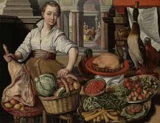 Escena de Cocina, con Jesús en la Casa de Marta y María al Fondo