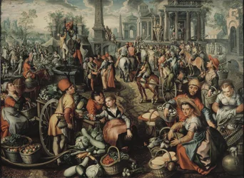Escena de mercado con Ecce Homo, la flagelación y Cristo llevando la cruz