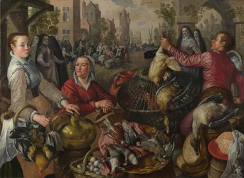Los Cuatro Elementos: Un puesto de aves de corral en una ciudad con el Hijo Pródigo al fondo - una Alegoría del Aire, 1569