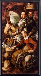Los comerciantes del mercado vendiendo aves y huevos - Pintura de Joachim Beuckelaer (1533-1574) 1564. Dim 203x103 cm. Génova, Musei di Strada Nuova