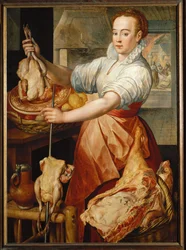 Cocinar con pollo (pintura sobre madera de roble)