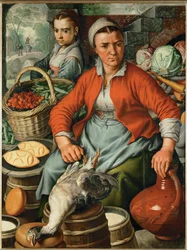 Granjera en el mercado (pintura sobre madera de roble)