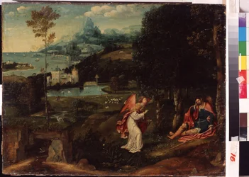 "Paisaje con la Leyenda de San Roque" (Paisaje con la Leyenda de San Roque) San Roque (1345-1376), enfermo de peste, fue expulsado de la ciudad. Pintura de Joachim Patinir (Patinier o Patenier) (circa 1480-1524) Museo Nacional de Jarkov Ucrania