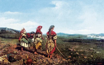 Paisaje napolitano con personajes. Campesinos napolitanos arando un campo en el campo. Pintura de Joaquim VAYREDA i VILA (1843-1894)
