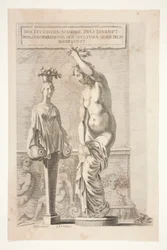 Una estatua y una mujer llevando jarrones y frutas