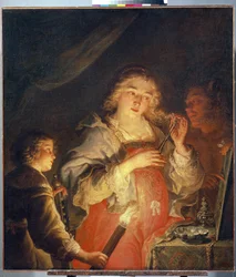 Alegoría de la Vanidad. Una mujer joven con cabello rubio corta un mechón de cabello con unas tijeras frente a un espejo sostenido por un hombre, un niño la enciende con una antorcha. Pintura de Joachim von Sandrart (1606-1688), hoy