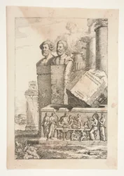 Bustos de retratos, columnas, urna humeante y un relieve