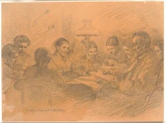 La familia de Johan Lange reunida alrededor de la lámpara