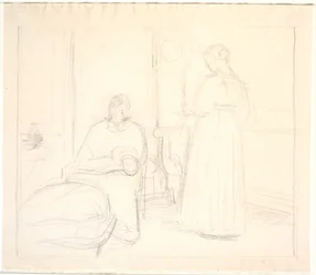 Interior con reloj y mujer sentada y de pie