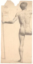 Modelo masculino de pie, visto desde atrás, bastón en la mano izquierda, brazo y pierna derecha cortados