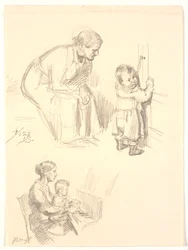 Dos estudios de figuras. Arriba una mujer sentada observando a un niño en una puerta; abajo una mujer con un niño en el piano
