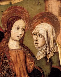 Retablo de la Visitación, La Virgen encuentra a Isabel, detalle, c. 1488-1516 (temple sobre madera)