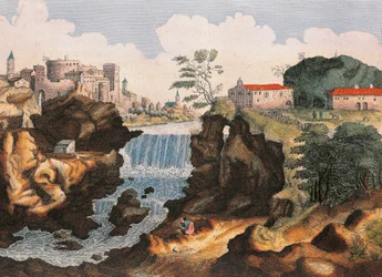 Cascada de Aniene en Tivoli (Roma), de Civitatis Admirandorum Italiae, por Joan Blaeu
