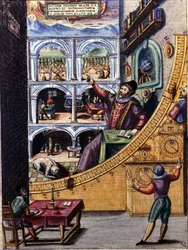 El astrónomo danés Tycho Brahe (1546 - 1601) en su observatorio en Uranienburg - grabado en color por Atlas Major Ssive y cosmografía Blavania labores y sumptibus por Johannis Blaev