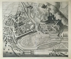 Italia, Dolceacqua, El pueblo de Dolceacqua (Imperia) de Theatrum Regiae Celsitudinis Sabaudiae por Joan Blaeu, Ámsterdam