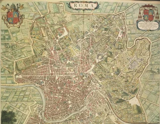 Mapa de Roma, grabado de Theatrum civitatum et admirandorum Italiae por Joan Blaeu, impreso en Italia