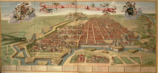 Mapa de Turín, grabado del Theatrum Sabaudiae por Joan Blaeu, impreso en Italia