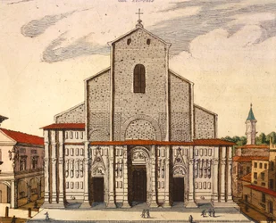 La basílica de San Petronio en Bolonia, por Joan Blaeu, impresión de Theatrum Civitatum et Admirandorum Italiae, Italia