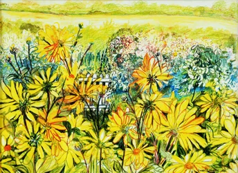Puerta de cabaña vista a través de margaritas, 2005