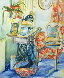 Interior de cabaña, con gato