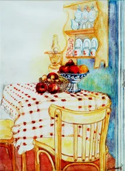 Mesa de cocina de cabaña con manzanas, 2005
