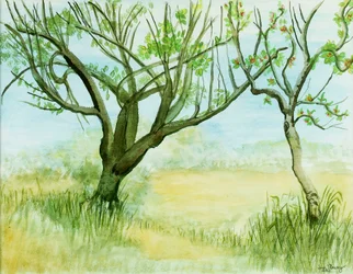 Paisaje de principios de primavera, con dos árboles