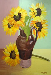 Cinco girasoles en una jarra marrón alta, 2007