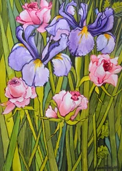 Rosas e Iris en el Jardín