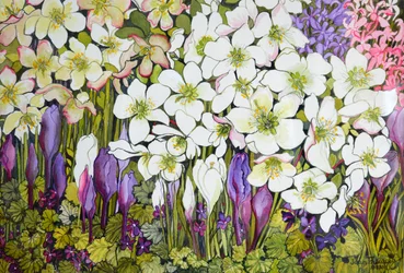 Borde de primavera: eléboros, crocus y violetas