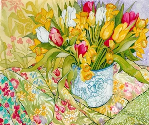 Tulipanes y narcisos con textiles estampados, 2000