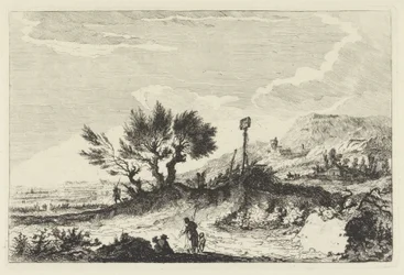 Paisaje montañoso con excursionistas.