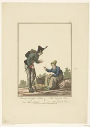 Soldado de pie con una vendedora de manzanas sentada Soldado imperial ruso y vendedor de manzanas (título sobre el objeto) Uniformes y disfraces (título de la serie)