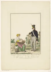 Soldado de pie con vendedor de café sentado Veterano holandés de Koninglyke y vendedor de café (título sobre el objeto) Uniformes y disfraces (título de la serie)