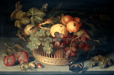 Cesta de frutas y mariposa almirante en mesa de piedra, 1610